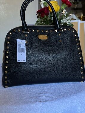 Michael Kors Black Pebbled Leather Satchel with Gold Studs